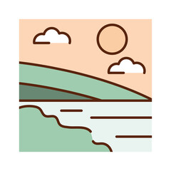 Sticker - landscape coast tropical and sun nature cartoon, filled line flat colors