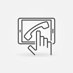 Poster - Hand and Tablet with Phone line icon. Video Call linear vector concept symbol