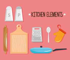 Poster - bundle of seven kitchen utensils set icons and lettering vector illustration design