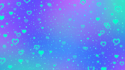 Canvas Print - Abstract blurred blue and purple gradient background with glowing turquoise hearts. Vivid Valentines day background