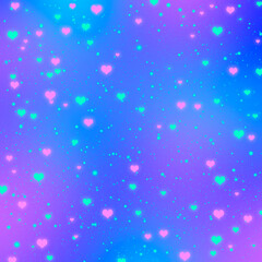 Wall Mural - Abstract blurred blue and purple gradient background with glowing turquoise and pink hearts. Vivid Valentines day background