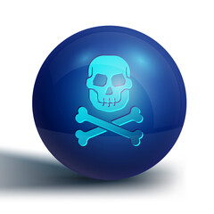 Sticker - Blue Skull on crossbones icon isolated on white background. Happy Halloween party. Blue circle button. Vector.