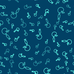  Green line Genetically modified apple icon isolated seamless pattern on blue background. GMO fruit. Syringe being injected to apple. Vector.