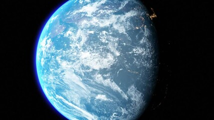 Wall Mural - Beautiful 3d earth planet animation. Space Zoom spinning view, Concept of climate change, dark night, city lights, sunrise. World planet satellite,Stars , nebula and galaxy black background in 4k.