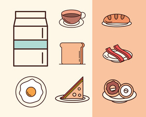 Canvas Print - breakfast menu ingredient products milk bread bacon egg donuts icons set, line and fill style