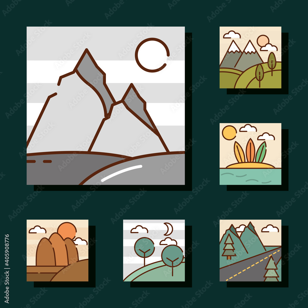 landscapes nature mountains peak desert forest tropical cartoon, icons set line and fill - obrazy, fototapety, plakaty 