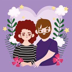 Wall Mural - couple embracing in love flowers floral decoration background cartoon