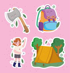 Sticker - camping, icons girl ax tent and backpack in cartoon style