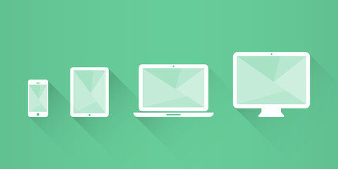 Device Icons: smart phone, tablet, laptop and desktop computer. Flat design