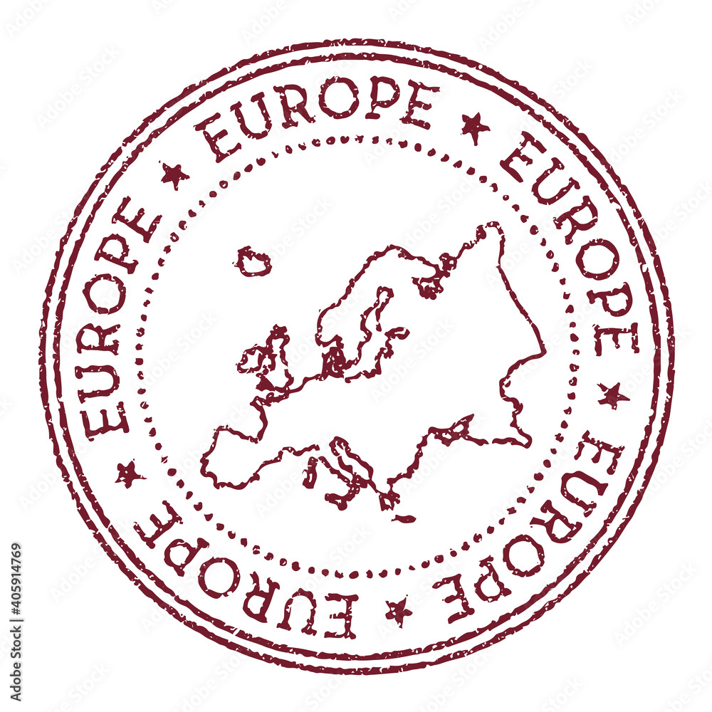 Europe Round Rubber Stamp With Continent Map Vintage Red Passport 