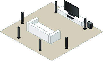 A 7.1 home theatre setup.With a subwoofer, centre speaker,2 front speakers, 2 side speakers and 2 back speakers.