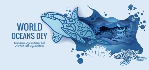 Wall Mural - Text - world ocean day. Killer whale, starfish. template for making a postcard. vector image for laser cutting and plotter printing. fauna with marine animals.