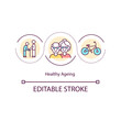 Healthy ageing concept icon. Enabling wellbeing in older age idea thin line illustration. Physical, social and mental health. Vector isolated outline RGB color drawing. Editable stroke