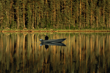 Wall Mural - Man fishing from a small boat in a river and a forest in sunlight reflecting in the water