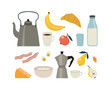 Vector illustration of breakfast tools and food. Kettle, cups, plate with porridge, geyser coffee maker, milk bottle with glass, cheese, bacon, eggs, apple, banana, pears, croissant, and candy.