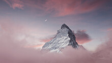 View To The Majestic Matterhorn Mountain With Crescent Moon In The Evening Mood.