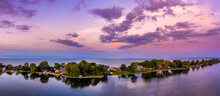 Aerial Panorama Of The Ceder Point Peninsula At Dusk, In Sandusky, Ohio, On The Erie Lake.