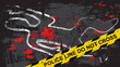 Crime scene with dead body and blood stains. Person chalk outline drawing on the asphalt. Grunge background with yellow tape with text 
