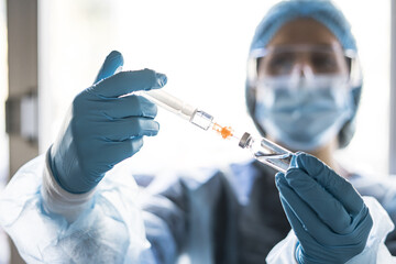 Wall Mural - Doctor prepares the syringe with the cure for vaccination