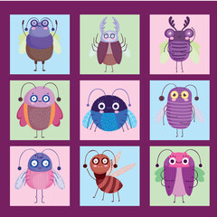 Sticker - funny bugs little animals on color block icons set