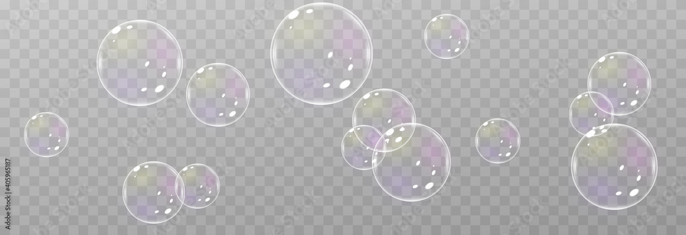 Vector soap bubble. Realistic soap bubble png, glare. Foam bubbles png. Powder, soap, detergent. Vector image. - obrazy, fototapety, plakaty 