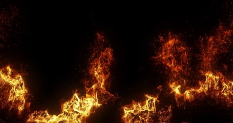 Poster - Abstract stylized flames and particle on black background. hot plasma motion effect. 3D render, 4K loop