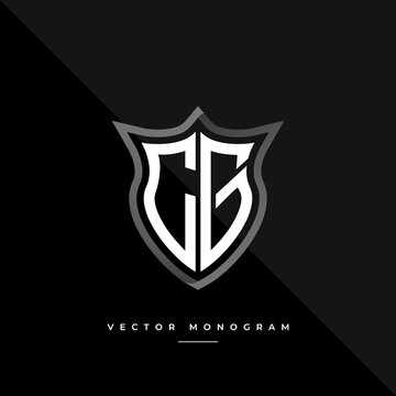 Trendy CG monogram on the shield isolated on dark background. silver flat C and G initial logo business vector template. Unique monochrome logotype concept for branding purpose.