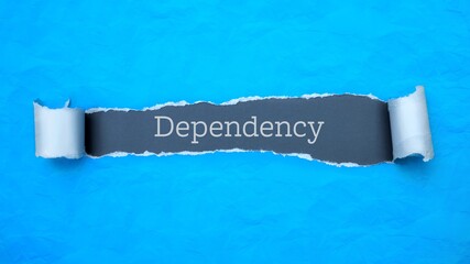 dependency. blue torn paper banner with text label. word in gray hole.