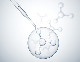 Wall Mural - dropper and molecule inside liquid bubble, 3d illustration.
