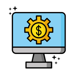 Sticker - desktop with dollar symbol in gear icon vector illustration design