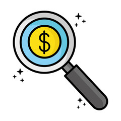 Sticker - coin money dollar with magnifying glass financial icon vector illustration design