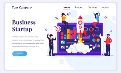 Fototapete - Landing page design concept of Business Startup. People working on the rocket launch. The development process, Innovation product, creative idea. Flat vector illustration