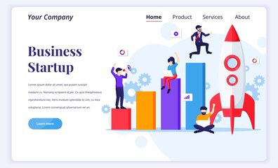 Fototapete - Landing page design concept of Business Startup. Businessman running to rocket and move up to their goal. Flat vector illustration
