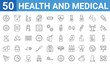 © Digital Bazaar - set of 50 health and medical web icons. outline thin line icons such as band aid,defibrillator,pizza,medical file,emergency,body,urine,girl. vector illustration