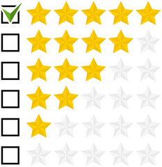 Wall Mural - Set of flat rating star icons with a check mark in the checkbox isolated on a white background. Vector illustration.