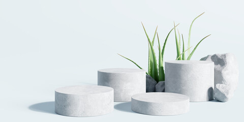 White stone podium, Cosmetic display stand with aloe vera on blue background. 3D rendering