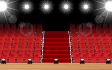 Wooden Stage With Spotlight And Red Seats In The Hall