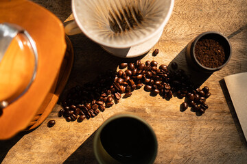 coffee grinder coffee bean on wood table