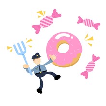 Police Officer And Pink Sugar Sweet Candy Doughnut Beverage Cartoon Doodle Flat Design Style Vector Illustration