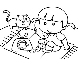 Wall Mural - Little girl use telephone to talk near her cat without color for color book