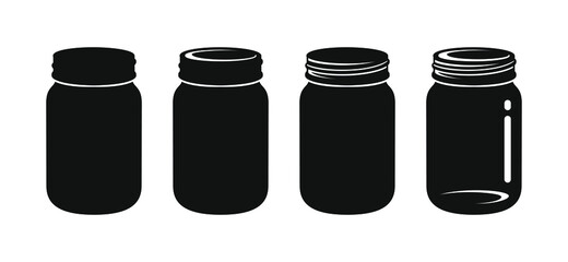 Mason glass jar less to more detail silhouette template set. Simple flat minimal modern clip art design.