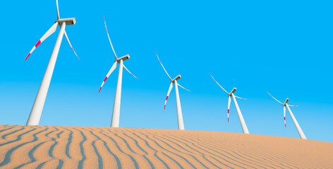 renewable energy with windmills and solar panels in dessert