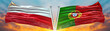 Double Flag Portugal and Poland flag waving flag with texture sky Cloud and sunset background