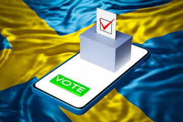 Canvas Print - 3d illustration of a voting box with a billboard standing on a smartphone, with the national flag of Sweden in the background. Online voting concept, digitalization of elections