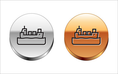 Black line Oil tanker ship icon isolated on white background. Silver-gold circle button. Vector.