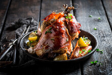 Tasty Grilled Pheasant With Bacon, Spices And Vegetables