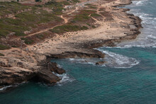 Northern Israeli Rocky Beach, As Seen From The Top Of The Rosh Hanikra Cliffs.