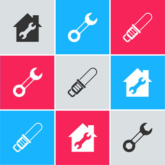 Set House repair, Wrench spanner and Chainsaw icon. Vector.