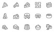 Set of Vector Line Icons Related to Cheese. Parmesan, Mozzarella, Dutch, Ricotta, Blue Chees, Cream Cheese. Editable Stroke. 48x48 Pixel Perfect.