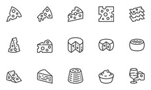 Set Of Vector Line Icons Related To Cheese. Parmesan, Mozzarella, Dutch, Ricotta, Blue Chees, Cream Cheese. Editable Stroke. 48x48 Pixel Perfect.